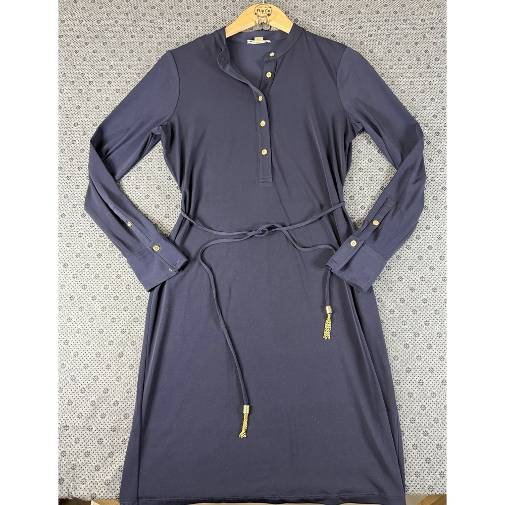 Calvin Klein Black Henley Shirt Dress sz 6 Long Slv Buttons Belt Stretch Slinky